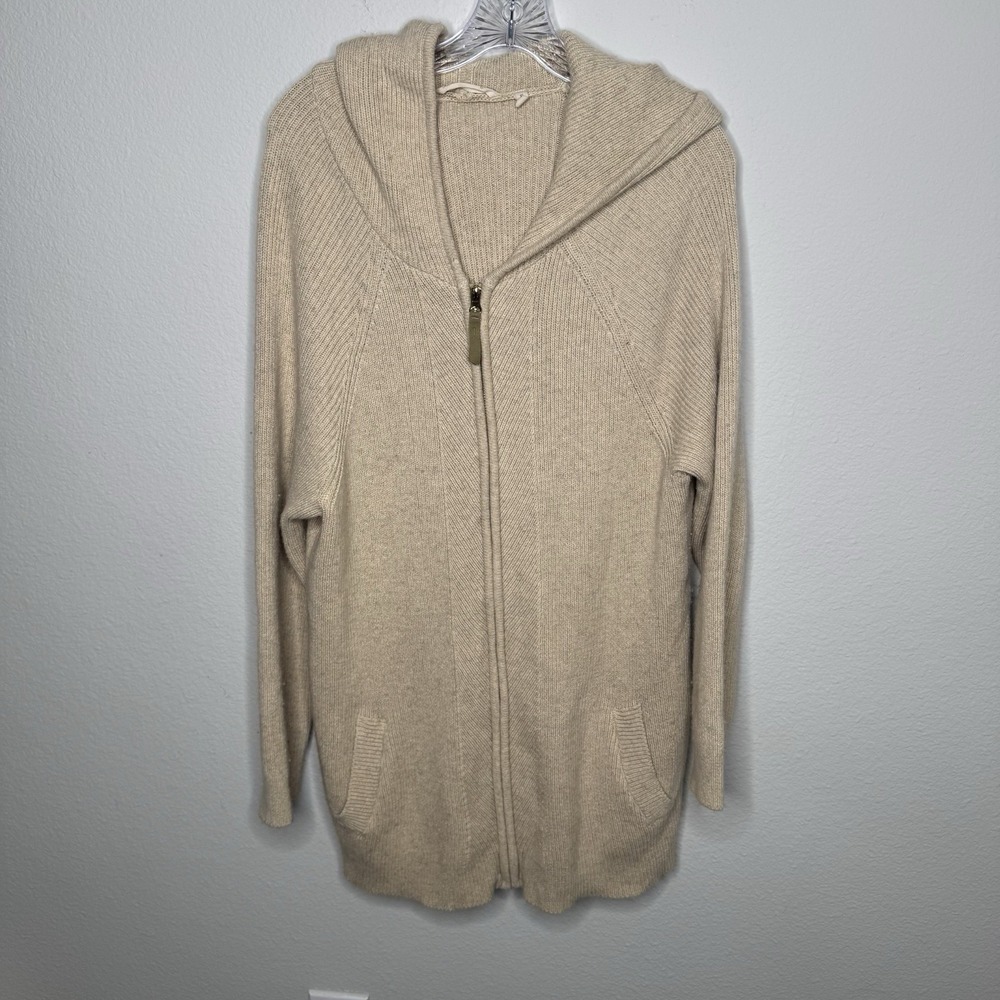 Soft Surroundings Zip Up Hooded Cardigan Sweater Beige XL Cotton Wool Longline
